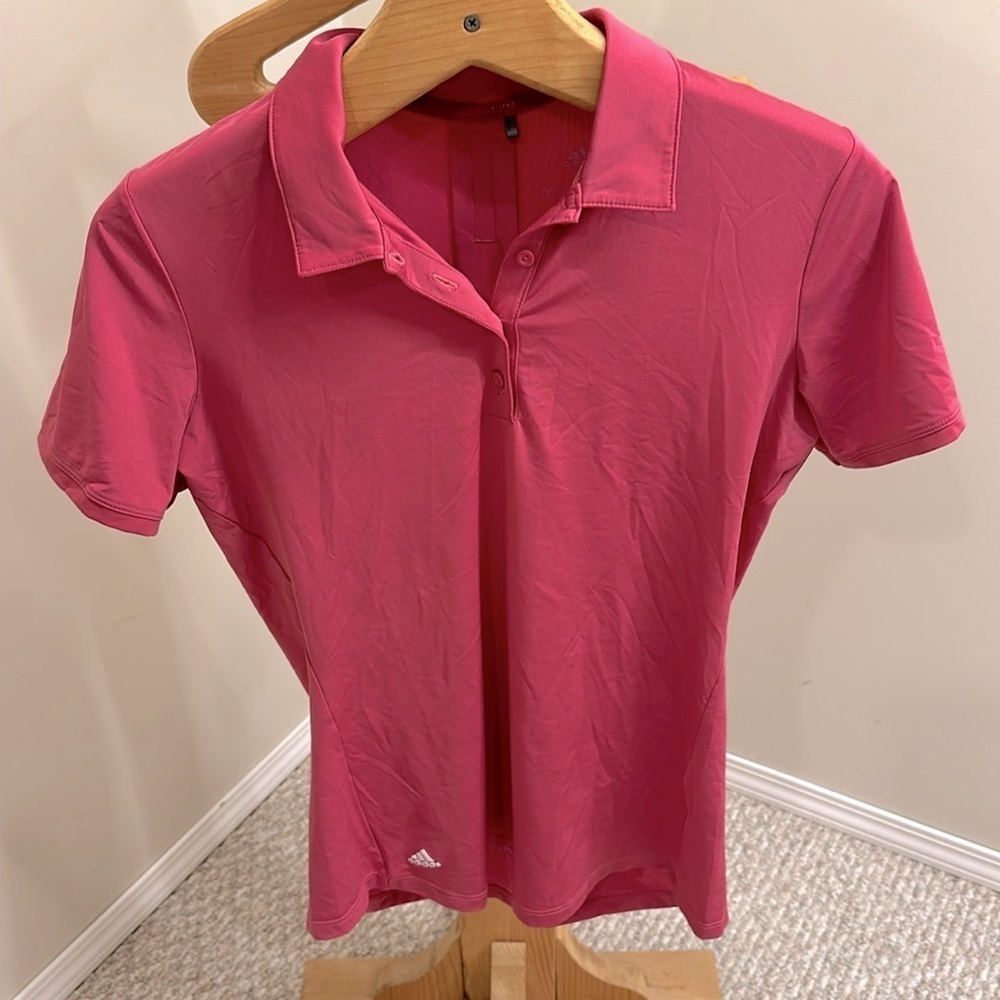 Adidas size medium, pink golf shirt, prime green.